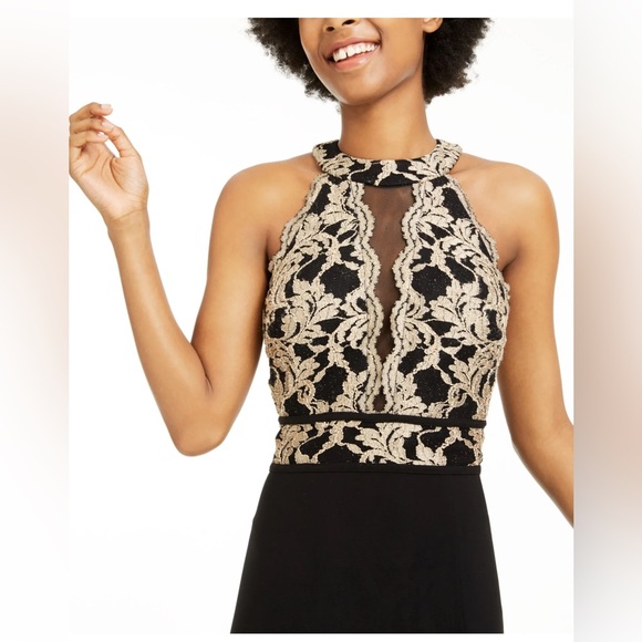 Morgan & Co Womens Juniors high neck black gold glitter lace prom dress size 5/6 - Picture 3 of 8